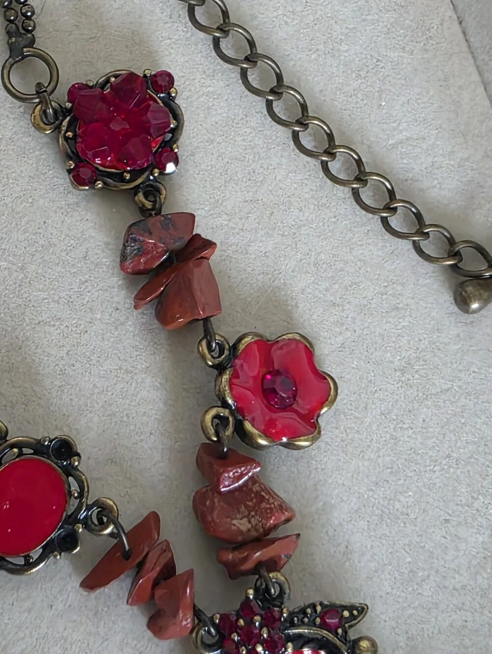 Boho Red Statement Necklace & Earring Set – Antique Brass Tone & Crystal